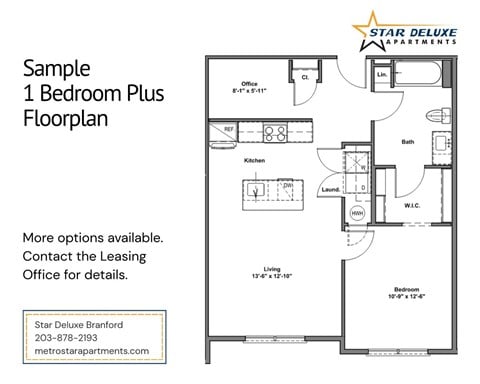 Floor plan for 1 bed, 1 bath, 796 sqft